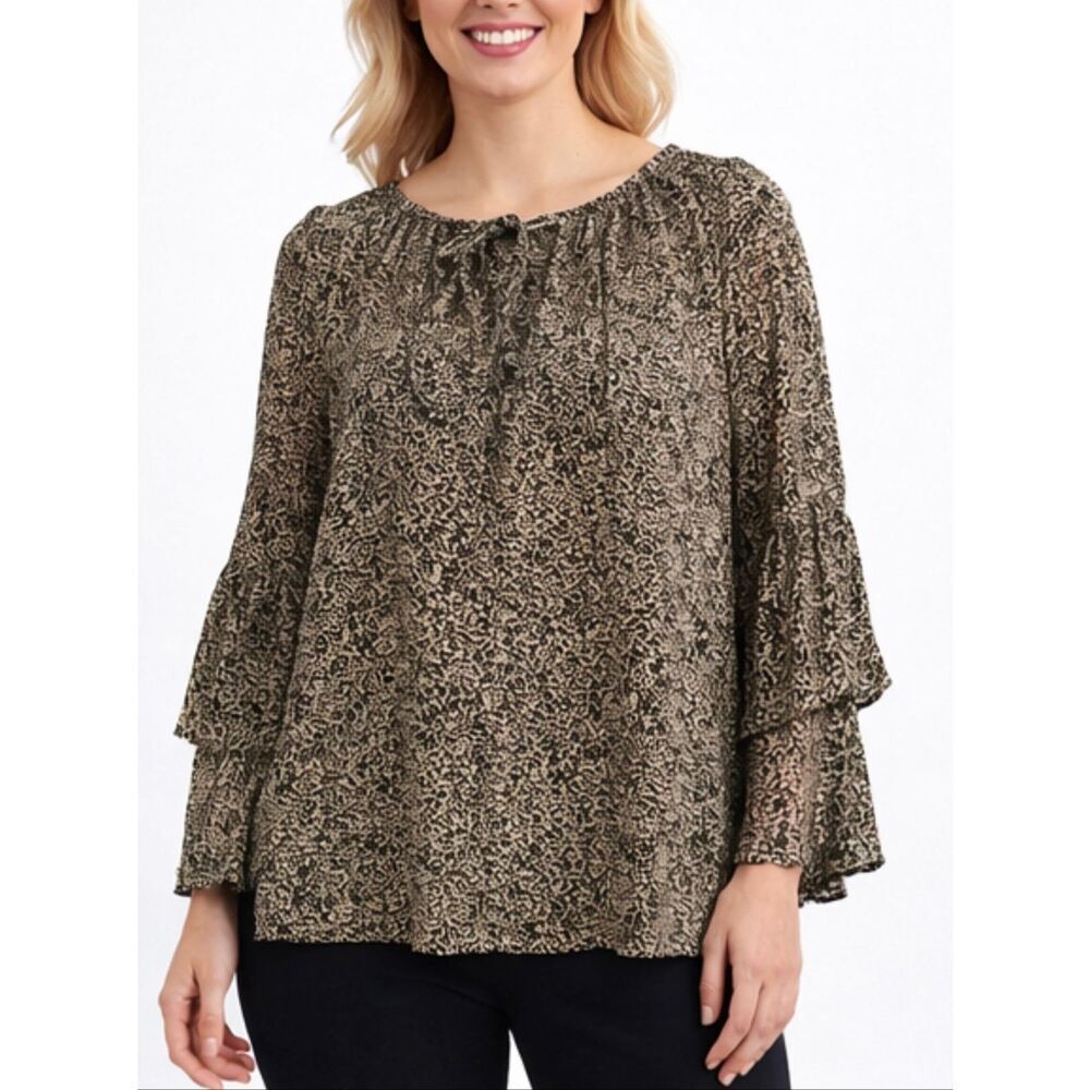 Anama black and white vine floral print chiffon bell sleeve blouse M